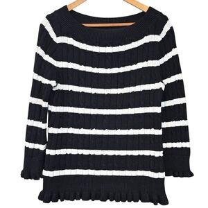 American Living Nautical Striped Boat Neck Cable Knit Sweater Black White Sz Med